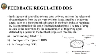 FEEDBACK REGULATED DDS
• In this group of controlled-release drug delivery systems the release of
drug molecules from the delivery systems is activated by a triggering
agent, such as a biochemical substance, in the body and also regulated
by its concentration via some feedback mechanisms. The rate of drug
release is the controlled by the concentration of triggering agent
detected by a sensor in the feedback-regulated mechanism.
a) Bioerosion-regulated DDS
b) Bioresponsive- regulated DDS
c) Self –regulating DDS
02-05-2022 © R R INSTITUTIONS , BANGALORE 23
 