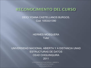 DEICI YOANA CASTELLANOS BURGOS. Cod: 1053331390 HERMES MOSQUERA Tutor UNIVERSIDAD NACIONAL ABIERTA Y A DISTANCIA UNAD ESTRUCTURAS DE DATOS CEAD CHIQUINQUIRA 2011 UNIVERSIDAD NACIONAL ABIERTA Y A DISTANCIA UNAD – www.unad.edu.co 