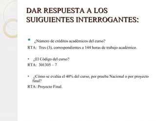DAR RESPUESTA A LOS SUIGUIENTES INTERROGANTES : ¿Número de créditos académicos del curso? RTA:  Tres (3), correspondientes a 144 horas de trabajo académico.  ¿El Código del curso? RTA:  301305 – 7 ¿Cómo se evalúa el 40% del curso, por prueba Nacional o por proyecto final? RTA: Proyecto Final.  