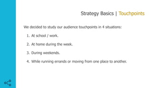Strategy Basics | Touchpoints
We decided to study our audience touchpoints in 4 situations:
1. At school / work.
2. At home during the week.
3. During weekends.
4. While running errands or moving from one place to another.
 