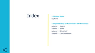 Index 1. Strategy Basics
Key Points
3. Digital Strategy for Runnymede’s 50th Anniversary
Audience 1 - Students
Audience 2 - Parents
Audience 3 – School Staff
Audience 4 – Old Runnymedians
 
