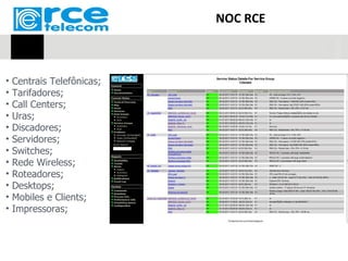 NOC RCE



•   Centrais Telefônicas;
•   Tarifadores;
•   Call Centers;
•   Uras;
•   Discadores;
•   Servidores;
•   Switches;
•   Rede Wireless;
•   Roteadores;
•   Desktops;
•   Mobiles e Clients;
•   Impressoras;
 