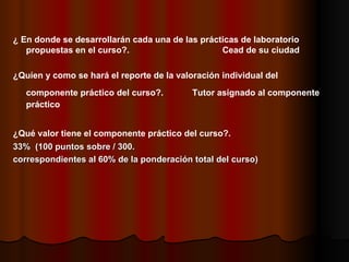¿ En donde se desarrollarán cada una de las prácticas de laboratorio propuestas en el curso?. Cead de su ciudad ¿Quíen y como se hará el reporte de la valoración individual del componente práctico del curso?.   Tutor asignado al componente práctico ¿Qué valor tiene el componente práctico del curso?.   33%  (100 puntos sobre / 300.  correspondientes al 60% de la ponderación total del curso) 