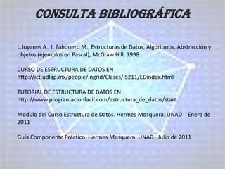 Consulta bibliográfica

L.Joyanes A., I. Zahonero M., Estructuras de Datos, Algoritmos, Abstracción y
objetos (ejemplos en Pascal), McGraw Hill, 1998

CURSO DE ESTRUCTURA DE DATOS EN
http://ict.udlap.mx/people/ingrid/Clases/IS211/EDindex.html

TUTORIAL DE ESTRUCTURA DE DATOS EN:
http://www.programacionfacil.com/estructura_de_datos/start

Modulo del Curso Estructura de Datos. Hermes Mosquera. UNAD Enero de
2011

Guía Componente Práctico. Hermes Mosquera. UNAD Julio de 2011
 