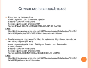 CONSULTAS BIBLIOGRÁFICAS:

  Estructura de datos en C++
   Autor: Joyanes, Luis Zahonero, Ignacio
   Editorial: McGraw-Hill España
   Fecha de publicación original: 2007
   Temas: PILAS COLAS LISTAS ESTRUCTURA DE DATOS
LINK:
   http://bibliotecavirtual.unad.edu.co:2055/lib/unadsp/docDetail.action?docID=1
   0491301&p00=pilas%20c%2B%2B%20estructura%20datos

  Fundamentos de programación: libro de problemas. Algoritmos, estructuras
   de datos y objetos (2a. ed.)
   Autor: Joyanes Aguilar, Luis Rodríguez Baena, Luis Fernández
   Azuela, Matilde
   Editorial: McGraw-Hill España
   Fecha de publicación original: 2003
   Temas: ARBOLES BINARIOS ARBOLES,COLAS LISTAS
LINK:
   http://bibliotecavirtual.unad.edu.co:2055/lib/unadsp/docDetail.action?docID=1
   0498607&p00=arboles%20binarios
 