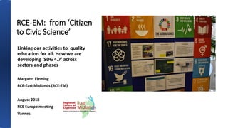RCE-EM: from ‘Citizen
to Civic Science’
Linking our activities to quality
education for all. How we are
developing ‘SDG 4.7’ across
sectors and phases
Margaret Fleming
RCE-East Midlands (RCE-EM)
August 2018
RCE Europe meeting
Vannes
 