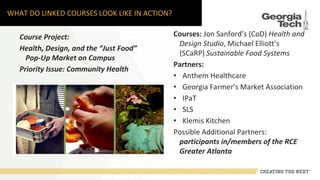 WHAT DO LINKED COURSES LOOK LIKE IN ACTION?
Course Project:
Health, Design, and the “Just Food”
Pop-Up Market on Campus
Priority Issue: Community Health
Courses: Jon Sanford’s (CoD) Health and
Design Studio, Michael Elliott’s
(SCaRP) Sustainable Food Systems
Partners:
• Anthem Healthcare
• Georgia Farmer’s Market Association
• IPaT
• SLS
• Klemis Kitchen
Possible Additional Partners:
participants in/members of the RCE
Greater Atlanta
 