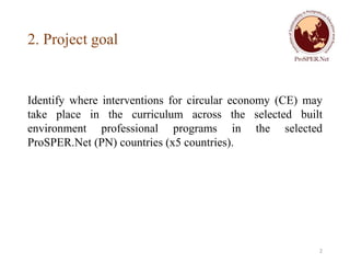 2. Project goal
Identify where interventions for circular economy (CE) may
take place in the curriculum across the selecte...