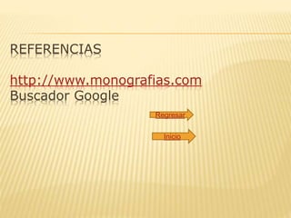REFERENCIAS
http://www.monografias.com
Buscador Google
Regresar
Inicio
 
