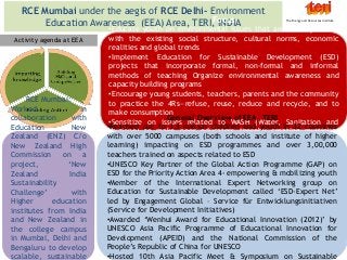 RCE Mumbai under the aegis of RCE Delhi- Environment
Education Awareness (EEA) Area, TERI, INDIAFocus
•Educate youth on environmental issues that are in conjunction
with the existing social structure, cultural norms, economic
realities and global trends
•Implement Education for Sustainable Development (ESD)
projects that incorporate formal, non-formal and informal
methods of teaching Organize environmental awareness and
capacity building programs
•Encourage young students, teachers, parents and the community
to practice the 4Rs—refuse, reuse, reduce and recycle, and to
make consumption
•Sensitize on issues related to WASH (Water, Sanitation and
Hygiene) to make peer educators thereby creating multiplier
effect to come up with school and community based solutions
The Energy and Resources Institute
Activity agenda at EEA
RCE Mumbai:
Worked in
collaboration with
Education New
Zealand (ENZ) C/o
New Zealand High
Commission on a
project, ‘New
Zealand India
Sustainability
Challenge’ with
Higher education
institutes from India
and New Zealand in
the college campus
in Mumbai, Delhi and
Bengaluru to develop
scalable, sustainable
General Overview of EEA, TERI
•Reached out to 3.5 million children and youth in 32 countries
with over 5000 campuses (both schools and institute of higher
learning) impacting on ESD programmes and over 3,00,000
teachers trained on aspects related to ESD
•UNESCO Key Partner of the Global Action Programme (GAP) on
ESD for the Priority Action Area 4- empowering & mobilizing youth
•Member of the International Expert Networking group on
Education for Sustainable Development called ‘ESD-Expert Net’
led by Engagement Global – Service für Entwicklungsinitiativen
(Service for Development Initiatives)
•Awarded ‘Wenhui Award for Educational Innovation (2012)’ by
UNESCO Asia Pacific Programme of Educational Innovation for
Development (APEID) and the National Commission of the
People’s Republic of China for UNESCO
•Hosted 10th Asia Pacific Meet & Symposium on Sustainable
 