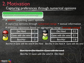 passive: expecting users’ opinions
capturing opinions through numerical ratings + textual information
estimate reputation based on aggregating ratings (average ratings)
7
2. Motivation
Reputation Mechanisms (traditionally)…
AGR
Die Hard 1
Gone with the wind 2
Ben-Hur 3
Ben-Hur ≻ Gone with the wind ≻ Die Hard Ben-Hur ≻ Die Hard ≻ Gone with the wind
Ben-Hur ≻ Die Hard ≻ Gone with the wind
Die Hard 0.2
Gone with the wind 0.1
Ben-Hur 1.0
Ben-Hur ≻ Gone with the wind ≻ Die Hard
Capturing preferences through numerical opinions
 