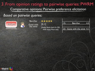 11
3. From opinion ratings to pairwise queries: PWRM
Comparative opinions: Pairwise preference elicitation
Based on pairwise queries:
FROM
Ben-Hur
[0..1]
[Awful, fairly bad, It’s OK,
Will enjoy, Must see]
Gone with
the wind
:
15. Ben-Hur 4.3
:
23. Gone with the wind 4.1
:
 