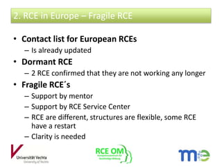 • Contact list for European RCEs
– Is already updated
• Dormant RCE
– 2 RCE confirmed that they are not working any longer...
