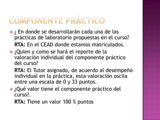 COMPONENTE PRÁCTICO ¿ En donde se desarrollarán cada una de las prácticas de laboratorio propuestas en el curso?	RTA: En el CEAD donde estamos matriculados.¿Quien y como se hará el reporte de la valoración individual del componente práctico del curso?	RTA: El Tutor asignado, de acuerdo al desempeño individual en la práctica, esta valoración oscila entre una escala de 0 y 33 puntos.¿Qué valor tiene el componente práctico del curso?.	RTA: Tiene un valor 100 % puntos  