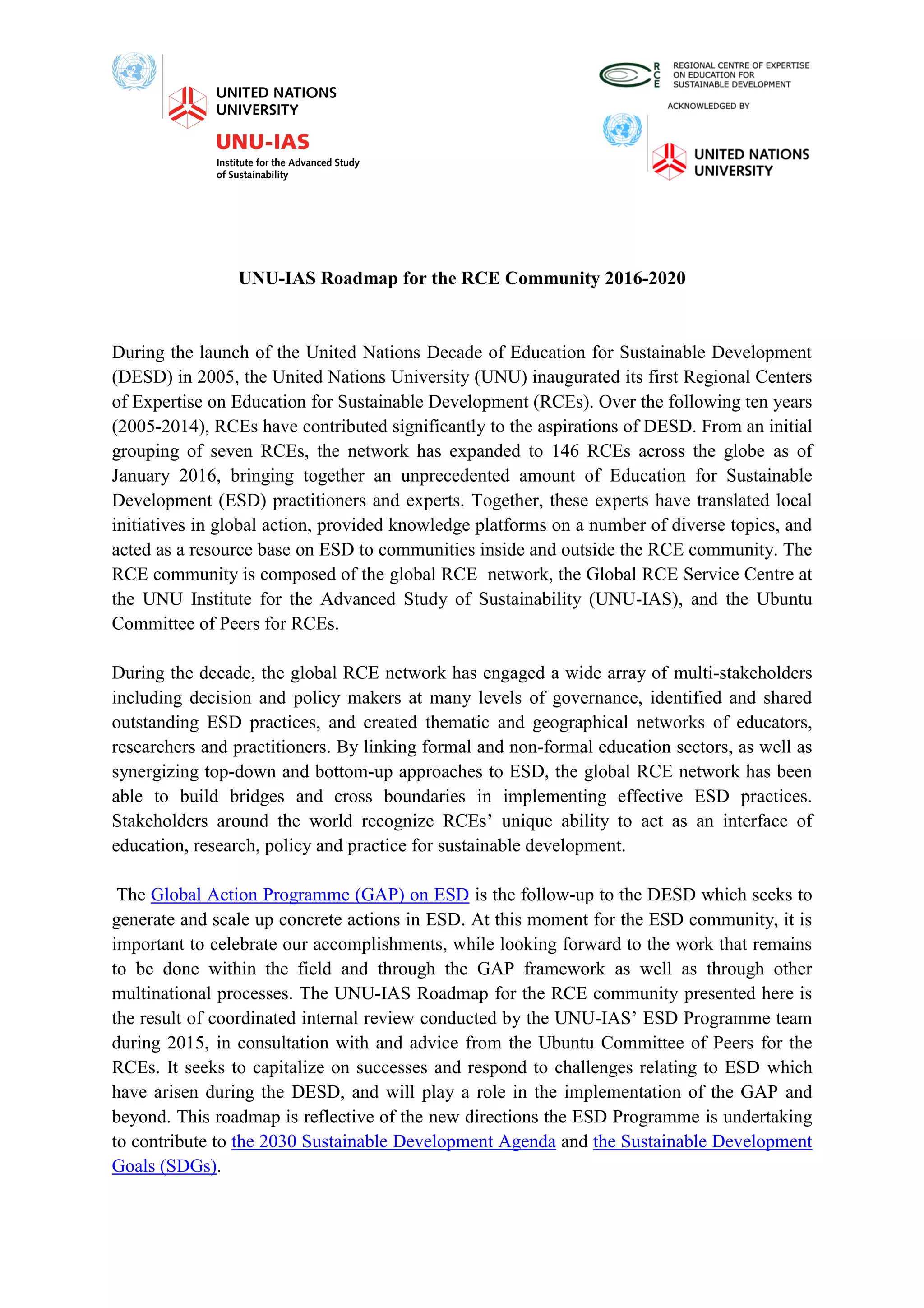 Roadmap for the RCE Community (UNU-IAS) | PDF