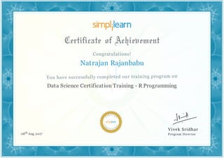 Natrajan Rajanbabu
Data Science Certification Training - R Programming
08th Aug 2017
 