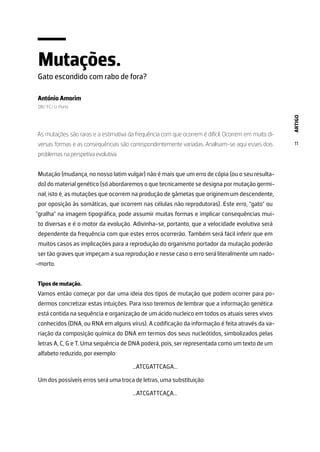 ARTIGO
11
Mutações.
Gato escondido com rabo de fora?
António Amorim
DB/ FC/ U. Porto
As mutações são raras e a estimativa da frequência com que ocorrem é difícil. Ocorrem em muito di-
versas formas e as consequências são correspondentemente variadas. Analisam-se aqui esses dois
problemas na perspetiva evolutiva.
Mutação (mudança, no nosso latim vulgar) não é mais que um erro de cópia (ou o seu resulta-
do) do material genético (só abordaremos o que tecnicamente se designa por mutação germi-
nal, isto é, as mutações que ocorrem na produção de gâmetas que originem um descendente,
por oposição às somáticas, que ocorrem nas células não reprodutoras). Este erro, “gato” ou
“gralha” na imagem tipográfica, pode assumir muitas formas e implicar consequências mui-
to diversas e é o motor da evolução. Adivinha-se, portanto, que a velocidade evolutiva será
dependente da frequência com que estes erros ocorrerão. Também será fácil inferir que em
muitos casos as implicações para a reprodução do organismo portador da mutação poderão
ser tão graves que impeçam a sua reprodução e nesse caso o erro será literalmente um nado-
-morto.
Tipos de mutação.
Vamos então começar por dar uma ideia dos tipos de mutação que podem ocorrer para po-
dermos concretizar estas intuições. Para isso teremos de lembrar que a informação genética
está contida na sequência e organização de um ácido nucleico em todos os atuais seres vivos
conhecidos (DNA, ou RNA em alguns vírus). A codificação da informação é feita através da va-
riação da composição química do DNA em termos dos seus nucleótidos, simbolizados pelas
letras A, C, G e T. Uma sequência de DNA poderá, pois, ser representada como um texto de um
alfabeto reduzido, por exemplo:
…ATCGATTCAGA…
Um dos possíveis erros será uma troca de letras, uma substituição:
…ATCGATTCACA…
 