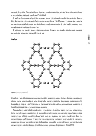 ARTIGO
31
camada de grafite. É constituído por ligações covalentes do tipo sp2
-sp2
, é um ótimo condutor
e possui alta resistência mecânica (FIGURA 4).
O grafeno é um material sintético, uma vez que é extraído pela esfoliação mecânica da gra-
fite. O grafeno é extremamente forte, com uma tensão de 130 GPa que é cerca de duas ordens
de grandeza mais forte que o aço, é ainda um excelente condutor de calor e eletricidade e tem
uma boa capacidade de absorver luz.
É utilizado em painéis solares transparentes e flexíveis, em janelas inteligentes capazes
de controlar o calor e a transmitância de luz.
Grafino.
FIGURA 5. Estrutura do grafino-1.
O grafino é um alótropo de carbono que também apresenta uma estrutura da espessura de um
átomo numa organização de uma única folha planar, mas inclui átomos de carbono com hi-
bridação do tipo sp e sp2
. O grafino-n é uma variação do grafeno, uma vez que apresenta n
ligações triplas entre os hexágonos de carbono.
As peculiares propriedades eletrónicas e mecânicas do grafino fazem com que seja um ma-
terial com elevadas expectativas de aplicação em eletrónica; por exemplo, trabalhos recentes
sugerem que o hiato energético (band gap) pode ser ajustado por meios mecânicos. Esta ca-
racterística do grafino pode vir a revelar-se uma enorme vantagem na produção de transísto-
res porque o band gap pode ser ajustado após a produção, ao contrário dos semicondutores
convencionais cujo band gap é definido durante o processo de dopagem (FIGURA 5).
 