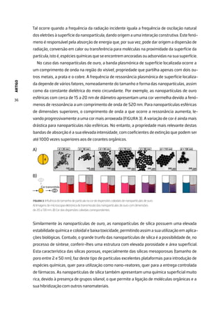 ARTIGO
36
Tal ocorre quando a frequência da radiação incidente iguala a frequência de oscilação natural
dos eletrões à superfície da nanopartícula, dando origem a uma interação construtiva. Este fenó-
meno é responsável pela absorção de energia que, por sua vez, pode dar origem a dispersão de
radiação, conversão em calor ou transferência para moléculas na proximidade da superfície da
partícula,istoé,espéciesquímicasqueseencontremancoradasouadsorvidasnasuasuperfície.
No caso das nanopartículas de ouro, a banda plasmónica de superfície localizada ocorre a
um comprimento de onda na região do visível, propriedade que partilha apenas com dois ou-
tros metais, a prata e o cobre. A frequência de ressonância plasmónica de superfície localiza-
da depende de vários fatores, nomeadamente do tamanho e forma das nanopartículas, assim
como da constante dielétrica do meio circundante. Por exemplo, as nanopartículas de ouro
esféricas com cerca de 15 a 20 nm de diâmetro apresentam uma cor vermelha devido a fenó-
menos de ressonância a um comprimento de onda de 520 nm. Para nanopartículas esféricas
de dimensões superiores, o comprimento de onda a que ocorre a ressonância aumenta, le-
vando progressivamente a uma cor mais arroxeada (FIGURA 3). A variação de cor é ainda mais
drástica para nanopartículas não esféricas. No entanto, a propriedade mais relevante destas
bandas de absorção é a sua elevada intensidade, com coeficientes de extinção que podem ser
até 1000 vezes superiores aos de corantes orgânicos.
A)
B)
FIGURA 3. Influência do tamanho de partícula na cor de dispersões coloidais de nanopartículas de ouro.
A) Imagens de microscopia eletrónica de transmissão das nanopartículas de ouro com dimensões
de 20 a 130 nm. B) Cor das dispersões coloidais correspondentes.
Similarmente às nanopartículas de ouro, as nanopartículas de sílica possuem uma elevada
estabilidade química e coloidal e baixa toxicidade, permitindo assim a sua utilização em aplica-
ções biológicas. Contudo, o grande trunfo das nanopartículas de sílica é a possibilidade de, no
processo de síntese, conferir-lhes uma estrutura com elevada porosidade e área superficial.
Esta característica das sílicas porosas, especialmente das sílicas mesoporosas (tamanho de
poro entre 2 e 50 nm), faz deste tipo de partículas excelentes plataformas para introdução de
espécies químicas, quer para utilização como nano-reatores, quer para a entrega controlada
de fármacos. As nanopartículas de sílica também apresentam uma química superficial muito
rica, devido à presença de grupos silanol, o que permite a ligação de moléculas orgânicas e a
sua hibridização com outros nanomateriais.
 