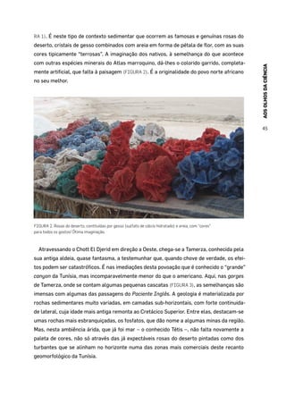 AOSOLHOSDACIÊNCIA
45
RA 1). É neste tipo de contexto sedimentar que ocorrem as famosas e genuínas rosas do
deserto, cristais de gesso combinados com areia em forma de pétala de flor, com as suas
cores tipicamente “terrosas”. A imaginação dos nativos, à semelhança do que acontece
com outras espécies minerais do Atlas marroquino, dá-lhes o colorido garrido, completa-
mente artificial, que falta à paisagem (FIGURA 2). É a originalidade do povo norte africano
no seu melhor.
FIGURA 2. Rosas do deserto, contituídas por gesso (sulfato de cálcio hidratado) e areia, com “cores”
para todos os gostos! Ótima imaginação.
Atravessando o Chott El Djerid em direção a Oeste, chega-se a Tamerza, conhecida pela
sua antiga aldeia, quase fantasma, a testemunhar que, quando chove de verdade, os efei-
tos podem ser catastróficos. É nas imediações desta povoação que é conhecido o “grande”
canyon da Tunísia, mas incomparavelmente menor do que o americano. Aqui, nas gorges
de Tamerza, onde se contam algumas pequenas cascatas (FIGURA 3), as semelhanças são
imensas com algumas das passagens do Paciente Inglês. A geologia é materializada por
rochas sedimentares muito variadas, em camadas sub-horizontais, com forte continuida-
de lateral, cuja idade mais antiga remonta ao Cretácico Superior. Entre elas, destacam-se
umas rochas mais esbranquiçadas, os fosfatos, que dão nome a algumas minas da região.
Mas, nesta ambiência árida, que já foi mar – o conhecido Tétis –, não falta novamente a
paleta de cores, não só através das já expectáveis rosas do deserto pintadas como dos
turbantes que se alinham no horizonte numa das zonas mais comerciais deste recanto
geomorfológico da Tunísia.
 