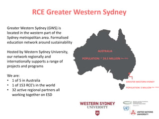 RCE Greater Western Sydney
Greater Western Sydney (GWS) is
located in the western part of the
Sydney metropolitan area. Formalised
education network around sustainability
Hosted by Western Sydney University,
our network regionally and
internationally supports a range of
projects and programs
We are:
• 1 of 5 in Australia
• 1 of 153 RCE’s in the world
• 32 active regional partners all
working together on ESD
GREATER WESTERN SYDNEY
POPULATION: 5 MILLION (Apr. 2016)
AUSTRALIA
POPULATION: ~ 24.5 MILLION (Nov. 2016)
 