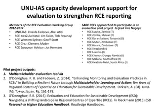 UNU-IAS capacity development support for
evaluation to strengthen RCE reporting
Members of the RCE Evaluation Working Group
2012-2014
• UNU-IAS: Zinaida Fadeeva, Abel Atiti
• RCE KwaZulu Natal: Jim Tailor, Tich Pesanayi
• RCE Western Sydney: Geoff Scott
• RCE Graz: Clemens Mader
• RCE European Advisor: Jos Hermans
SADC RCEs approached to participate in an
evaluation pilot project to feed into Nagoya
• RCE Lusaka, Zambia (T)
• RCE Zomba, Malawi (D)
• RCE Dar es Salaam, Tanzania (D)
• RCE Mutari, Zimbabwe (T)
• RCE Harare, Zimbabwe (T)
• RCE Swaziland (I)
• RCE Lesotho (I)
• RCE Khomas-Erongo, Nambia (I)
• RCE Makana, South Africa (R)
• RCE KwaZulu-Natal, South Africa (J)
Pilot project outputs:
1. Multistakeholder evaluation tool kit
2. O’Donoghue, R. B. and Fadeeva, Z. (2014). “Enhancing Monitoring and Evaluation Practices in
RCEs” In Building a Resilient Future through Multistakeholder Learning and Action: Ten Years of
Regional Centres of Expertise on Education for Sustainable Development. Dirksen, A. (Ed). UNU-
IAS, Tokyo, Japan. Pg. 161-178.
3. O’Donoghue, R.B. (2015). Evaluation and Education for Sustainable Development (ESD):
Navigating a shifting landscape in Regional Centres of Expertise (RCEs). In Rieckmann (2015) ESD
Research in Higher Education Handbook. Routledge Handbooks.
 
