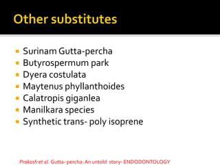  Surinam Gutta-percha
 Butyrospermum park
 Dyera costulata
 Maytenus phyllanthoides
 Calatropis giganlea
 Manilkara species
 Synthetic trans- poly isoprene
Prakash et al. Gutta- percha: An untold story- ENDODONTOLOGY
 