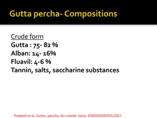 Crude form
Gutta : 75- 82 %
Alban: 14- 16%
Fluavil: 4-6 %
Tannin, salts, saccharine substances
Prakash et al. Gutta- percha: An untold story- ENDODONTOLOGY
 