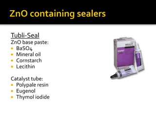 Tubli-Seal
ZnO base paste:
 BaSO4
 Mineral oil
 Cornstarch
 Lecithin
Catalyst tube:
 Polypale resin
 Eugenol
 Thymol iodide
 