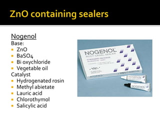 Nogenol
Base:
 ZnO
 BaSO4
 Bi oxychloride
 Vegetable oil
Catalyst
 Hydrogenated rosin
 Methyl abietate
 Lauric acid
 Chlorothymol
 Salicylic acid
 