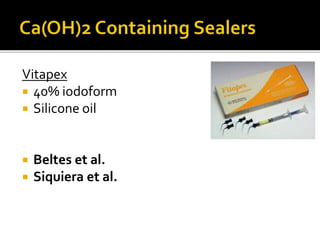 Vitapex
 40% iodoform
 Silicone oil
 Beltes et al.
 Siquiera et al.
 