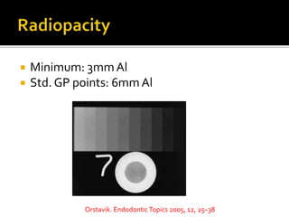 Minimum: 3mm Al
 Std. GP points: 6mmAl
Orstavik. EndodonticTopics 2005, 12, 25–38
 