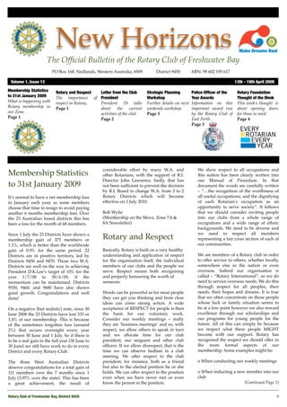 New Horizons
                        The Ofﬁcial Bulletin of the Rotary Club of Freshwater Bay
                           PO Box 168, Nedlands, Western Australia, 6909 
        District 9450
       ABN: 99 602 195 617

 Volume 1, Issue 13	                                                                                                           13th - 19th April 2009
Membership Statistics        Rotary and Respect  Letter from the Club        Strategic Planning        Police Ofﬁcer of the     Rotary Foundation
to 31st January 2009         The importance of President                     Workshop                  Year Awards              Thought of the Week
What is happening with       respect in Rotary.. President Di talks          Further details on next   Information on this      This week’s thought is
Rotary membership in         Page 1              about the current           weekends workshop.        important award run      about opening doors
our Zone.                                        activities of the club.     Page 3                    by the Rotary Club of    for those in need.
Page 1                                           Page 2                                                East Perth .             Page 4
                                                                                                       Page 3




                                                    considerable effort by many W.A. and                  We show respect to all occupations and
Membership Statistics                               other Rotarians, with the support of R.I.             this notion has been clearly written into
                                                    Director John Lawrence. Sadly, that has               our Manual of Procedure. In that
to 31st January 2009                                not been sufﬁcient to prevent the decision            document the words are carefully written
                                                    by R.I, Board to change W.A. from 3 to 2              – “…the recognition of the worthiness of
It’s normal to have a net membership loss           Rotary Districts which will become                    all useful occupations; and the dignifying
in January each year, as some members               effective on 1 July 2010.                             of each Rotarian’s occupation as an
choose that time to resign to avoid paying                                                                opportunity to serve society”. It follows
another 6 months membership fees. Over              Rob Wylie                                             that we should consider inviting people
the 23 Australian based districts this has          (Membership on the Move, Zone 7A &                    into our clubs from a whole range of
been a loss for the month of 68 members.            8A Newsletter)                                        occupations and a wide range of ethnic
                                                                                                          backgrounds. We need to be diverse and
Since 1 July the 23 Districts have shown a                                                                we need to respect all members
membership gain of 375 members or                   Rotary and Respect                                    representing a fair cross section of each of
1.1%, which is better than the worldwide                                                                  our communities.
gain of 0.9% for the same period. 22                Basically, Rotary is built on a very healthy
Districts are in positive territory, led by         understanding and application of respect              We are members of a Rotary club in order
Districts 9450 and 9470. Those two W.A.             for the organisation itself, the individual           to offer service to others, whether locally,
Districts are well on the way to achieving          members of our clubs and the people we                somewhere else in the nation or even
President D.K.Lee’s target of 10% for the           serve. Respect means both recognising                 overseas. Indeed our organisation is
year 1/7/08 to 30/6/09, if the                      and properly honouring the worth of                   called – “Rotary International”, so we do
momentum can be maintained. Districts               someone.                                              need to service overseas needs. We do this
9550, 9460, and 9680 have also shown                                                                      through respect for all peoples, their
good growth. Congratulations and well               Words can be powerful as for most people              needs, their hopes and dreams. It is true
done!                                               they can get you thinking and from clear              that we often concentrate on those people
                                                    ideas can come strong action. A wide                  whose luck or family situation seems to
On a negative (but realistic) note, since 30        acceptance of RESPECT for people is then              be at a low point however we also reward
June 2008 the 23 Districts have lost 333 or         the basis for our voluntary work.                     excellence through our scholarships and
1.0% of our membership. This is because             Consider our weekly meetings – really                 our programs for young people for the
of the sometimes forgotten loss (around             they are ‘business meetings’ and so, with             future. All of this can simply be because
2%) that occurs overnight every year                respect, we allow others to speak in turn             we respect what these people MIGHT
between 30 June and 1 July. So if there is          and we allocate time for our club                     become with our support. Rotary has
to be a real gain in the full year (30 June to      president, our sergeant and other club                recognised the respect we should offer in
30 June) we still have work to do in every          ofﬁcers. If we allow disrespect, that is the          the more formal aspects of our
District and every Rotary Club.                     time we can observe bedlam in a club                  membership. Some examples might be:
                                                    meeting. We offer respect to the club
The three West Australian Districts                 president, for instance, both as a friend             o When conducting our weekly meetings
deserve congratulations for a total gain of         but also to the elected position he or she
111 members over the 7 months since 1               holds. We can offer respect to the position           o When inducting a new member into our
July (3.97% over the state). This has been          even when we have never met or even                   club
a great achievement, the result of                  know the person in the position.                                            (Continued Page 2)


Rotary Club of Freshwater Bay, District 9450
                                                                                                           1
 
