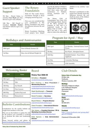 N    E   W        H     O   R    I     Z     O    N   S

                                                                                 provide the Malawi Children’s            children in my country,” says
Guest Speaker                              The Rotary                            Village (MCV) with everything            Sibale.

Support                                    Foundation                            from clean water, food and
                                                                                 medications    to    blankets,           Rotarian’s contributions to this
                                           Week 43: This week’s Rotary           sewing machines and a                    project have literally meant the
                                           Foundation Thought is about           windmill.                                difference between life and
7th May - Bryant Stokes to
                                           Changing and Saving Lives.                                                     death for many of the children
introduce Ken Wyatt and Alan
                                                                                 The       Rotary      Club      of       in the MCV program.
Stewart to give vote of thanks.
                                                                                 Canandaigua, New York, USA
                                           Have you ever considered that
                                                                                 and Chakunga Sibale, director
14th May - Bill Hassell to                 your contribution to The
                                                                                 of the MCV, founded the
introduce Rohallah Haidari                 Rotary Foundation may mean
                                                                                 program in 1997 and it is
and Alistair Tulloch to give vote          the difference between life and
                                                                                 supported locally by the
of thanks.                                 death?
                                                                                 Rotary Club of Limbe. “The
                                                                                 MCV has had a very great
                                           Rotary Foundation Matching
                                                                                 effect to relieve the suffering of
                                           Grant projects have helped


                                                                                            Program for April / May
      Birthdays and Anniversaries
                                                                                                Date                             Details
              Date                                 Details
                                                                                 30th April                      Liz Westoby - National Science Youth
 30th April                         Peter & Mandy Symons (A)                                                     Forum

                                                                                 7th May                         Ken Wyatt - Aboriginal Issues
 3rd May                            Mary Ann & Michael Wright (A)
                                                                                 14th May                        Rohallah Haidari - Peace Fellow
                                                                                                                 Applicant

                                                                                 21st May                        Committee Meetings

                                                                                 23rd May                        Club Assembly




      Welcoming Roster                               Board                                                 Club Details
       Date                       Name               Rotary Year 2008-09                                   Rotary Club of Freshwater Bay
                                                                                                           PO Box 168,
                                                     Di Collins — President
 30th April            Toni James                                                                          Nedlands,
                                                     president@rotaryfreshwaterbay.org.au
                                                                                                           Western Australia, 6909
 7th May               TBA                           Ken Collins — Vice President /
                                                     Membership Director                                   Meetings
 14th May              Sue Hassell                   vicepresident@rotaryfreshwaterbay.org.au              Thursday 5:45pm to 6:45pm
                                                                                                           Cafe, Bethesda Hospital
                                                     membership@rotaryfreshwaterbay.org.au
 21st May              Peter Symons                                                                        Queenslea Drive
                                                     Rajah Senitharajah — Treasurer                        Claremont
 28th May              Andrea Hayward                treasurer@rotaryfreshwaterbay.org.au
                                                                                                           Email
 4th June              Marija Jelavic                Daniel Forsdyke — Secretary                           president@rotaryfreshwaterbay.org.au
                                                     secretary@rotaryfreshwaterbay.org.au                  Phone!
                                                                                                           08 9385 0471
                                                     Bryant Stokes — Projects Director                     Fax
                                                     projects@rotaryfreshwaterbay.org.au                   08 9385 0472
Bulletin Contributions                               Claire Forsdyke — International Director              Website
                                                     foundation@rotaryfreshwaterbay.org.au                 www.rotaryfreshwaterbay.org.au
Contributions for the weekly bulletin are
sought from members of the club.            Toni James — President Nominee / PR &                          Facebook
                                            Marketing Committee Director                                   http://www.facebook.com/group.php?
Why not use the bulletin to update the club
on the projects your committee is working publicrelations@rotaryfreshwaterbay.org.au                       gid=47737002646
on or promote the clubs next fundraising Peter Symons — Club Administration
                                                                                                           Chartered 19 December 2008
event.                                      Director
Please forward articles and photos to clubadmin@rotaryfreshwaterbay.org.au
daniel.forsdyke@rotaryfreshwaterbay.org.au


Rotary Club of Freshwater Bay, District 9450!                                                                                                            5
 