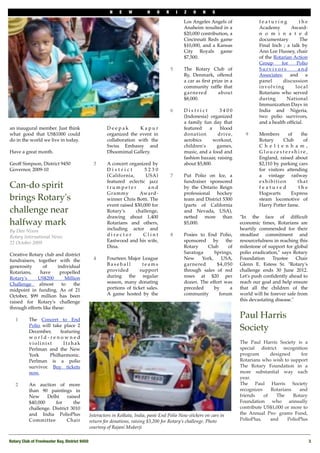 N    E    W         H    O    R       I   Z   O    N    S

                                                                                                Los Angeles Angels of               featuring          the
                                                                                                Anaheim resulted in a               Academy        Award-
                                                                                                $20,000 contribution, a             n o m i n a t e d
                                                                                                Cincinnati Reds game                documentary        The
                                                                                                $10,000, and a Kansas               Final Inch ; a talk by
                                                                                                City Royals game                    Ann Lee Hussey, chair
                                                                                                $7,500.                             of the Rotarian Action
                                                                                                                                    Group     for     Polio
                                                                                        5       The Rotary Club of                  Survivors         and
                                                                                                Ry, Denmark, offered                Associates; and a
                                                                                                a car as ﬁrst prize in a            panel      discussion
                                                                                                community rafﬂe that                involving        local
                                                                                                g a r n e re d   about              Rotarians who served
                                                                                                $8,000.                             during       National
                                                                                                                                    Immunization Days in
                                                                                        6       District         3400               India and Nigeria,
                                                                                                (Indonesia) organized               two polio survivors,
                                                                                                a family fun day that               and a health ofﬁcial.
an inaugural member. Just think                      Deepak         Kapur                       featured    a    blood
what good that US$1000 could                         organized the event in                     donation        drive,       9      Members       of   the
do in the world we live in today.                    collaboration with the                     aerobics      workout,              Rotary      Club    of
                                                     Swiss Embassy and                          children's     games,               C h e l t e n h a m ,
Have a great month.                                  Dhoomimal Gallery.                         music, and a food and               Gloucestershire,
                                                                                                fashion bazaar, raising             England, raised about
Geoff Simpson, District 9450                    3    A concert organized by                     about $5,800.                       $2,110 by parking cars
Governor, 2009-10                                    District         5230                                                          for visitors attending
                                                     (California,      USA)             7       Put Polio on Ice, a                 a vintage railway
                                                     featured eclectic jazz                     fundraiser sponsored                exhibition        that
Can-do spirit                                        trumpeter          and                     by the Ontario Reign                featured          the
                                                     Grammy         Award-                      professional hockey                 Hogwarts       Express
brings Rotary's                                      winner Chris Botti. The                    team and District 5300              steam locomotive of
                                                     event raised $30,000 for                   (parts of California                Harry Potter fame.
challenge near                                       Rotary's     challenge,                    and Nevada, USA),
                                                     drawing about 1,400                        netted more than           "In the face of difﬁcult
halfway mark                                         Rotarians and others,                      $5,000.                    economic times, Rotarians are
By Dan Nixon                                         including actor and                                                   heartily commended for their
Rotary International News                            director         Clint             8       Posies to End Polio,       steadfast commitment and
22 October 2009                                      Eastwood and his wife,                     sponsored by the           resourcefulness in reaching this
                                                     Dina.                                      Rotary    Club      of     milestone of support for global
Creative Rotary club and district                                                               Saratoga      Springs,     polio eradication," says Rotary
fundraisers, together with the                  4    Fourteen Major League                      New     York,    USA,      Foundation     Trustee     Chair
generosity      of      individual                   Baseball         teams                     garnered       $4,050      Glenn E. Estess Sr. "Rotary's
Rotarians,    have       propelled                   provided        support                    through sales of red       challenge ends 30 June 2012.
Rotary's     US$200         Million                  during the regular                         roses at $20 per           Let's push conﬁdently ahead to
Challenge   almost        to    the                  season, many donating                      dozen. The effort was      reach our goal and help ensure
midpoint in funding. As of 21                        portions of ticket sales.                  preceded      by     a     that all the children of the
October, $99 million has been                        A game hosted by the                       community       forum      world will be forever safe from
raised for Rotary's challenge                                                                                              this devastating disease."
through efforts like these:

   1       The Concert to End
                                                                                                                           Paul Harris
           Polio   will take place 2
           December,        featuring
                                                                                                                           Society
           world-renowned
           violinist          Itzhak                                                                                       The Paul Harris Society is a
           Perlman and the New                                                                                             special district recognition
           York        Philharmonic.                                                                                       program       designed     for
           Perlman is a polio                                                                                              Rotarians who wish to support
           survivor. Buy tickets                                                                                           The Rotary Foundation in a
           now.                                                                                                            more substantial way each
                                                                                                                           year.
   2       An auction of more                                                                                              The Paul Harris Society
           than 90 paintings in                                                                                            recognizes    Rotarians   and
           New     Delhi     raised                                                                                        friends    of   The     Rotary
           $40,000     for      the                                                                                        Foundation who annually
           challenge. District 3010                                                                                        contribute US$1,000 or more to
           and India PolioPlus              Interactors in Kolkata, India, paste End Polio Now stickers on cars in         the Annual Pro- grams Fund,
           Committee         Chair          return for donations, raising $3,200 for Rotary’s challenge. Photo             PolioPlus,    and    PolioPlus
                                            courtesy of Rajani Mukerji

Rotary Club of Freshwater Bay, District 9450!                                                                                                                 3
 