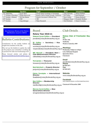 NEW HORIZONS


                                         Program for September / October
 Date                           Speaker                    Topic                                       Host                Attendance
 29th September                 Kylie West                 Group Study Exchange to Normandy            Judy Edwards        Wilma McBain
  7th October (Thursday)        Philip Sherwood            Rotary Club of Arden Arcade, California     Di Collins          Rob Rohrlach
 13th October (Dinner)          DG Ian Hutton              District Governor's Official Visit          Ken Collins         Donna Bicknell
 20th October                   TBC                        TBC                                         Margaret Stuart     Elizabeth McBain
 27th October                   Jorg Imberger              Water Research                              Rob Rohrlach        Daniel Forsdyke




     New Horizons: Winner of the District              Board                                         Club Details
       9450 Bulletin Award for 2009/10
                                                       Rotary Year 2010-11
                                                       Simone Carot Collins — President              Rotary Club of Freshwater Bay
                                                                                                     Inc.
                                                       president@rotaryfreshwaterbay.org.au
Bulletin Contributions                                                                               PO Box 168, 
                                                                                                     Nedlands, 
                                                       Di Collins    —   Secretary     / Vice
Contributions   for   the   weekly   bulletin   are    President                                     Western Australia, 6909 
sought from members of the club. 
                                                       secretary@rotaryfreshwaterbay.org.au
Why not use the bulletin to update the club                                                     Meetings
on the projects your committee is working on 
                                                       vicepresident@rotaryfreshwaterbay.org.au Wednesday 5:45pm to 6:45pm
or promote the clubs next fundraising event.                                                         Cafe, Bethesda Hospital
                                                       Bill Hassell — President Elect /
Please   forward   articles   and   photos   to                                                      Queenslea Drive
                                                       Club Administration Director
daniel.forsdyke@rotaryfreshwaterbay.org.au                                                           Claremont
                                                       clubadmin@rotaryfreshwaterbay.org.au
                                                                                                     Email 
                                                       Toni James — Treasurer
                                                                                                     president@rotaryfreshwaterbay.org.au
                                                       treasurer@rotaryfreshwaterbay.org.au          Phone 
                                                                                                     08 9385 0471
                                                       Rob Rohrlach — Projects Director              Fax 
                                                       projects@rotaryfreshwaterbay.org.au           08 9385 0472


                                                       Claire Forsdyke — International               Website 
                                                       Director                                      www.rotaryfreshwaterbay.org.au
                                                       foundation@rotaryfreshwaterbay.org.au
                                                                                                     Facebook 
                                                       Ken Collins — Membership                      http://www.fac ebook.c om/fres hwaterbayrotary
                                                       Director
                                                                                                     Chartered 19 December 2008
                                                       membership@rotaryfreshwaterbay.org.au

                                                       Marcos Carot Collins — New
                                                       Generations Director
                                                       newgenerations@rotaryfreshwaterbay.org.au
 