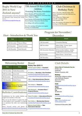 N E W H O R I Z O N S
Rotary Club of Freshwater Bay, District 9455! 5
Board
Rotary Year 2010-11
Simone Carot Collins — President
president@rotaryfreshwaterbay.org.au
Di Collins — Secretary / Vice President
secretary@rotaryfreshwaterbay.org.au
vicepresident@rotaryfreshwaterbay.org.au
TBA — Club Administration Director
clubadmin@rotaryfreshwaterbay.org.au
Toni James — Treasurer
treasurer@rotaryfreshwaterbay.org.au
Rob Rohrlach — President Elect /
Projects Director
projects@rotaryfreshwaterbay.org.au
Claire Forsdyke — International Director
foundation@rotaryfreshwaterbay.org.au
Ken Collins — Membership Director
membership@rotaryfreshwaterbay.org.au
Marcos Carot Collins — New
Generations Director
newgenerations@rotaryfreshwaterbay.org.au
Club Details
Rotary Club of Freshwater Bay Inc.
PO Box 168,
Nedlands,
Western Australia, 6909
Meetings
Wednesday 5:45pm to 6:45pm
Cafe, Bethesda Hospital
Queenslea Drive
Claremont
Email
president@rotaryfreshwaterbay.org.au
Phone 
08 9385 0471
Fax
08 9385 0472
Website
www.rotaryfreshwaterbay.org.au
Facebook
http://www.facebook.com/
freshwaterbayrotary
Chartered 19 December 2008
Bulletin Contributions
Contributions for the weekly bulletin are
sought from members of the club.
Why not use the bulletin to update the club
on the projects your committee is working
on or promote the clubs next fundraising
event.
Please forward articles and photos to
daniel.forsdyke@rotaryfreshwaterbay.org.au
Date Name
17th November Paddy Ramanathan
24th November Jenny Gill
8th December Paddy Ramanathan
16th December Robert Pearce
Welcoming Roster
Program for November/
December
Date Details
17th November Committee Meeting
24th November Robert Fisher - Former Agent
General to the UK
29th November (Monday) Dr Ken Collins Address - Golden
Nugget Room, Gloucester Park
8th December Robert Pearce - Life & Times
16th December Max Kay
Date Name
24th November Warren Milner
8th December Daniel Forsdyke
16th December Judy Edwards
Host - Introduction & Thank You
New Horizons: Winner of the District 9450
Bulletin Award for 2009/10
13th Annual Dr Ken Collins
Address
Promoting The Rotary Foundation
When: Monday, 29th November, 2010. 
Venue: Golden Nugget Room, Gloucester Park. 
Time: 7:00pm for 7:30pm
Guest Speaker: RI President Ray Klinginsmith
Alumni Speaker: Maryanne Tokome-Amu
Cost: $45pp with cash bar available.
Note: this meeting will replace our regular
meeting on 1st December
Club Christmas &
Birthday Party
When: Thursday, 16th December, 2010. 
Venue: Nedlands Golf Club, Melvista Ave,
Nedlands 
Time: 6:30pm for 7:00pm start
Cost: $45 - includes dinner
Guest Speaker: TBC
Note: this meeting will replace our regular
meeting on 15th December
Rugby World Cup
2011 in New
Zealand anyone?
Bed and breakfast offered by Rotarians
for Rotarians from around the world.
Go to:
www.Rotarynzrugbyhosting.org
 