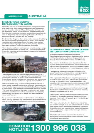 (!%)*+,-..                     !"#$%!&'!

#*0&$0%123+106'/#+
407&28(0/$+'/+9!7!/
!"#$%#&'()*+,-*(.#*(/*%"#*/0&-%*0.%#&.,%0(.,$*,01*(&2,.0-,%0(.-*%(*
#.%#&*3,4,.*,/%#&*,*567*8,2.0%91#*#,&%":9,;#*,.1*-9<-#:9#.%*
%-9.,80*-%&9=;*%"#*.,%0(.*(.*>,&="*??6*@#--*%",.*AB*"(9&-*,/%#&*
%"#*1#C,-%,%0.2*#C#.%-D*/(9&*#)4#&0#.=#1*!"#$%#&'()*E#-4(.-#*
F#,8*>#8<#&-D*0.=$910.2*G9-%&,$0,.*&#-#.%,%0C#*@,--#*H#%#&-#.D*
+#&#*(.*%"#*2&(9.1*,.1*+(&;0.2*,$(.2-01#*$(=,$*,9%"(&0%0#-*%(*
,--0-%*+0%"*&#=(C#&I*#//(&%-*0.*,.I*+,I*4(--0<$#6**

F"#*!"#$%#&'()*E#-4(.-#*F#,8*0-*.(+*0.*%"#*4&(=#--*(/*8(<0$0-0.2*
%"#*/0&-%*=(.-02.8#.%*(/*!"#$%#&'()#-*%(*3,4,.J-*+(&-%*,//#=%#1*
(.-*<9%*+0%"*8,K(&*/9#$*,.1*/((1*-"(&%,2#-D*4((&*+#,%"#&*
=(.10%0(.-*,.1*,.*(.2(0.2*.9=$#,&*-0%9,%0(.*4$,290.2*%"#*.,%0(.D*
%"#&#*,&#*,*.98<#&*(/*$(20-%0=,$*=",$$#.2#-*%(*,11&#--6*

LMC#&I*10-,-%#&*0-*10//#&#.%*<9%*%"0-*(.#*0-*=#&%,0.$I*4(-0.2*,*9.0:9#*
-#%*(/*=0&=98-%,.=#-*/(&*9-*%(*1#,$*+0%"DN*-,01*!EF*8#8<#&*,.1*           !"#$%!&'!/+#*0&$0%123+&0!40%+
!"#$%#&'()*O.%#&.,%0(.,$*P0&#=%(&*@,--#*H#%#&-#.D*+"(*",-*<##.*0.*
                                                                          %0$"%/#+5%2(+(!4!6!#)!%
3,4,.*-0.=#*>,&="*?A6*
                                                                          G9-%&,$0,.*!"#$%#&'()*E#-4(.-#*F#,8*$#,1#&*
                                                                          H#%#&*H#,&=#*",-*&#%9&.#1*/&(8*>,1,2,-=,&*,/%#&*+(&;0.2*
                                                                          +0%"*/,80$0#-*,//#=%#1*<I*QI=$(.#*'0.20R,D*+"0="*%(&#*
                                                                          %"&(92"*%"#*-(9%"#,-%*G/&0=,.*0-$,.1*0.*801*S#<&9,&I6**

                                                                          S(9&*"9.1*!"#$%#&'()#-*+#&#*10-4,%="#1*,/%#&*%"#*
                                                                          =I=$(.#*1#-%&(I#1*(C#&*T777*"(8#-*<9%*%"#*1#-%&9=%0(.*0-*
                                                                          /,&*/&(8*(C#&D*,-*+01#-4&#,1*/$((10.2*=(.%0.9#-*%(*&,C,2#*
                                                                          +",%*",-*<##.*$,<#$$#1*(.#*(/*%"#*+(&$1J-*4((&#-%*.,%0(.-6
                                                                          *
                                                                          L>,1,2,-=,&*0-*#)4#&0#.=0.2*0%-*+(&-%*/$((10.2*0.*A7*
                                                                          I#,&-DN*-,01*H#,&=#D*+"(*-4#.%*%08#*+(&;0.2*,$(.2-01#*
LV#*8(<0$0-#1*(.*1,I*(.#*<#=,9-#*+#*;.#+*%"#&#*+(9$1*<#*,*                $(=,$*,9%"(&0%0#-*%(*01#.%0/I*,&#,-*(/*"02"*.##16*
.##1*/(&*%"#*4&(C0-0(.*(/*#8#&2#.=I*-"#$%#&6*G/%#&*,*=,$$*/&(8*$(=,$*
2(C#&.8#.%*,9%"(&0%0#-*0.*3,4,.J-*O+,%#*H&#/#=%9&#*/(&*Y77*               LO%*0-*#)4#=%#1*%",%*/$((1*+,%#&-*8,I*%,;#*94*%(*,*I#,&*%(*
!"#$%#&'()#-D*+#*=,.*.(+*<#20.*(9&*10-%&0<9%0(.*,.1*+#*=(.%0.9#*          -9<-01#*0.*-(8#*,&#,-*,.1*0%*0-*/#,*%",%*,*-9<-%,.%0,$*
%(*<#*&#,1I*%(*&#-4(.1*0.*+",%#C#&*=,4,=0%I*0-*&#:90*/&(8*9-6N         .98<#&*(/*%"#*.,%0(.J-*=&(4-*",C#*<##.*-4(0$#16*F"0-*
V0%"*%"#*1#,%"*%($$*&0-0.2*#,="*1,I*,.1*(&%-*%",%*94*%(*",$/*,*        =(9$1*",C#*10&#*=(.-#:9#.=#-*/(&*&#-01#.%-D*,-*,&(9.1*U7*
80$$0(.*4#(4$#*",C#*<##.*10-4$,=#1*,-*,*&#-9$%*(/*%"#*10-,-%#&D*%"#*      4#&*=#.%*(/*%"#*4(49$,%0(.*=9$%0C,%#-*&0=#DN*"#*=(.%0.9#16
.##1*/(&*-"#$%#&*0-*4,&,8(9.%*,.1*%"#*!"#$%#&'()*E#-4(.-#*F#,8*
0-*+(&;0.2*",&1*%(*2#%*%"#0&*/0&-%*=(.-02.8#.%*%(*10-4$,=#1*/,80$0#-6*    V0%"*#)%#.-0C#*1,8,2#*=,9-#1*%(*0./&,-%&9=%9&#*%"&(92"*
LF"#*/&##R0.2*%#84#&,%9&#-D*1,8,2#1*0./&,-%&9=%9&#*,.1*-#C#&#*            /$((1+,%#&-*,.1*/,$$#.*%&##-D*%"#*(.$I*8#,.-*(/*&#,="0.2*
$,=;*(/*/9#$*,&#*,$$*=(.=#&.-*<9%*+#*,&#*=(./01#.%*(/*(C#&=(80.2*         %"#-#*=9%W(//*C0$$,2#-*+,-*<I*<(,%6
%"#-#*<,&&0#&-*,.1*2#%%0.2*,01*%(*4#(4$#*+"(*,&#*0.*1#-4#&,%#*
.##1DN*-,01*H#%#&-#.6*                                                    LG$%"(92"*%"#*1#$0C#&I*(/*B77*!"#$%#&'()#-*",-*4&(C01#1*
                                                                          "9.1-*(/*/,80$0#-*+0%"*#--#.%0,$*-"#$%#&*,.1*-9&C0C,$*
S(&*94*%(*%"#*80.9%#*0./(&8,%0(.*(.*!"#$%#&'()J-*&#$0#/*#//(&%-*0.*       -944$0#-D*%"#&#*0-*-%0$$*,*$(.2*+,I*%(*2(*0.*%"#*&#<90$10.2*(/*
3,4,.D*C0-0%*(9&*+#<-0%#*(&*K(0.*%"#*!"#$%#&'()*G9-%&,$0,*S,=#<((;*       >,1,2,-=,&DN*"#*,11#16*
4,2#*,%*%"#*ZE@*"%%4[+++6/,=#<((;6=(8-"#$%#&<()6,9-%&,$0,6
                                                                          LF"#*8(-%*C9$.#&,<$#D*$0;#*X%"#*10-,<$#1*,.1*#$1#&$IJ*1(*
                                                                          .(%*",C#*%"#*-%&#.2%"*%(*2(*,.1*2,%"#&*8,%#&0,$-*%(*&#<90$1*
                                                                          %"#0&*"(8#-*+0%"(9%*,--0-%,.=#*,.1*%"#&#/(&#*%"#*"#$4*(/*
                                                                          !"#$%#&'()*%#.%-*,.1*#--#.%0,$*$0C0.2*#:9048#.%*",-*<##.*
                                                                          ,*$0/#*-,C0.2*%(($*/(&*,*$,&2#*.98<#&*(/*4#(4$#*,//#=%#1DN*
                                                                          #)4$,0.#1*H#,&=#6

                                                                          !"#$%#&'()*+0$$*=(.%0.9#*%(*8(.0%(&*%"#*-0%9,%0(.*0.*
                                                                          >,1,2,-=,&D*,-*&#=(C#&I*#//(&%-*=(.%0.9#*,.1*+0$$*,--#--*
                                                                          0/*,.I*/9&%"#&*,01*0-*&#:90*
 