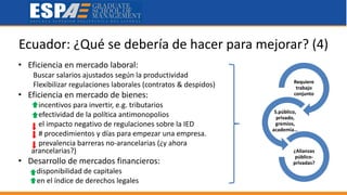 Ecuador: ¿Qué se debería de hacer para mejorar? (4)
• Eficiencia en mercado laboral:
Buscar salarios ajustados según la productividad
Flexibilizar regulaciones laborales (contratos & despidos)
• Eficiencia en mercado de bienes:
incentivos para invertir, e.g. tributarios
efectividad de la política antimonopolios
el impacto negativo de regulaciones sobre la IED
# procedimientos y días para empezar una empresa.
prevalencia barreras no-arancelarias (¿y ahora
arancelarias?)
• Desarrollo de mercados financieros:
disponibilidad de capitales
en el índice de derechos legales
Requiere
trabajo
conjunto
S.público,
privado,
gremios,
academia…
¿Alianzas
público-
privadas?
 