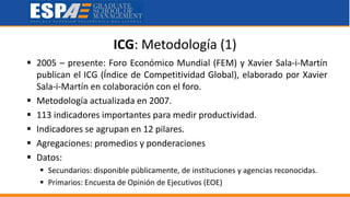 ICG: Metodología (1)
 2005 – presente: Foro Económico Mundial (FEM) y Xavier Sala-i-Martín
publican el ICG (Índice de Competitividad Global), elaborado por Xavier
Sala-i-Martín en colaboración con el foro.
 Metodología actualizada en 2007.
 113 indicadores importantes para medir productividad.
 Indicadores se agrupan en 12 pilares.
 Agregaciones: promedios y ponderaciones
 Datos:
 Secundarios: disponible públicamente, de instituciones y agencias reconocidas.
 Primarios: Encuesta de Opinión de Ejecutivos (EOE)
 