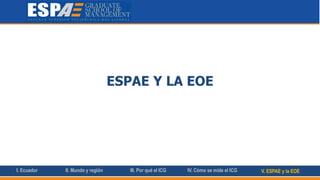 ESPAE Y LA EOE
I. Ecuador II. Mundo y región III. Por qué el ICG IV. Cómo se mide el ICG V. ESPAE y la EOE
 