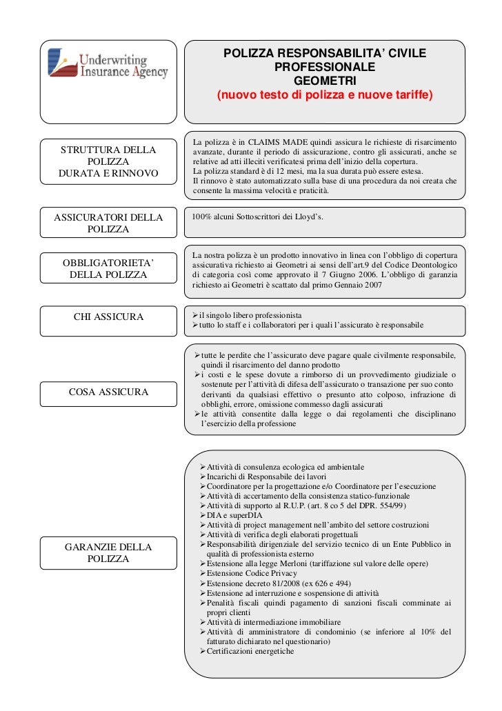 Responsabilità civile professionale rc geometri scheda prodotto … Stato di polizza
