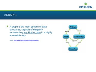  A graph is the most generic of data
structures, capable of elegantly
representing any kind of data in a highly
accessible way.
(from : http://www.neo4j.org/learn/graphdatabase)
(:GRAPH)
 