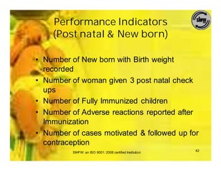 Performance Indicators
    (Post natal & New born)

• Number of New born with Birth weight
  recorded
• Number of woman given 3 post natal check
  ups
• Number of Fully Immunized children
• Number of Adverse reactions reported after
  Immunization
• Number of cases motivated & followed up for
  contraception
                                                           42
          SIHFW: an ISO 9001: 2008 certified Institution
 