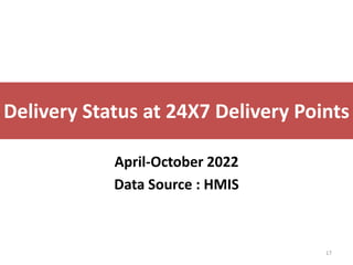 Delivery Status at 24X7 Delivery Points
April-October 2022
Data Source : HMIS
17
 