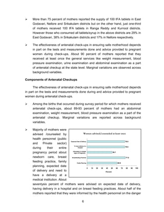 6
More than 75 percent of mothers reported the supply of 100 IFA tablets in East
Godavari, Nellore and Srikakulam districts but on the other hand, just one-third
of mothers received 100 IFA tablets in Ranga Reddy and Kurnool districts.
However those who consumed all tablets/syrup in the above districts are 29% in
East Godavari, 38% in Srikakulam districts and 17% in Nellore respectively.
The effectiveness of antenatal check-ups in ensuring safe motherhood depends
in part on the tests and measurements done and advice provided to pregnant
women during check-ups. About 90 percent of mothers reported that they
received at least once the general services like weight measurement, blood
pressure examination, urine examination and abdominal examination as a part
of antenatal checkup at the state level. Marginal variations are observed across
background variables.
Components of Antenatal Checkups
The effectiveness of antenatal check-ups in ensuring safe motherhood depends
in part on the tests and measurements done during and advice provided to pregnant
women during antenatal check-ups.
Among the births that occurred during survey period for which mothers received
antenatal check-ups, about 89-93 percent of mothers had an abdominal
examination, weight measurement, blood pressure examination as a part of the
antenatal checkup. Marginal variations are reported across background
variables.
Majority of mothers were
advised /counseled by
health personnel (public
and Private sector)
during their entire
pregnancy period about
newborn care, breast
feeding practice, family
planning, expected date
of delivery and need to
have a delivery at a
medical institution. About
seventysix percent of mothers were advised on expected date of delivery,
having delivery in a hospital and on breast feeding practices. About half of the
mothers reported that they were informed by the health personnel on the danger
Women advised/counseled at least once
60.8
77.0
50.7
76.0
76.0
0 10 20 30 40 50 60 70 80 90 100
Family Planning
Breastfeeding Practices
Information on danger
signs of Pregnancy
To have delivery in a
Hospital
Expected Date of Delivery
Percent
 