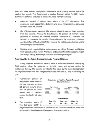 21
years and more, women belonging to households below poverty line are eligible for
availing the benefit. The Government of Andhra Pradesh added Rs.300/- (under
Sukhibhava Scheme) and used to release Rs.1000/- to the beneficiary
About 62 percent of mothers were aware of the JSY intervention. The
awareness levels appear to be better in rural areas (65 percent) as compared
to urban areas (56 percent).
Out of those women aware of JSY scheme, about 31 percent have benefited
from the scheme. Among the beneficiaries, 17 percent of mothers faced
problems in realizing the scheme incentive. Extensive IEC activities are
required to propagate the benefits of the scheme to the public and consistent
and timely flow of funds will definitely improve the institutional deliveries among
vulnerable groups in the state.
Districts which reported below state average were East Godavari and Nellore
from Coastal Andhra region, Anantapur and Kurnool from Rayalaseema region
and Ranga Reddy, Karimnagar, Adilabad from telangana region.
Free Travel by the Public Transportation by Pregnant Women
Every pregnant woman will have to have at least one antenatal checkup by
PHC medical officer for screening of high-risk cases and receive advice for
institutional delivery. The scheme provides for free travel by the public transportation
for pregnant women from their village to the nearest PHC or FRU help in achieving the
goal.
Twentyseven percent of
respondents were aware of
the free bus pass scheme
(35 percent in rural areas
and 18 percent in urban
areas) and 21 percent
availed the facility at state
level.
The proportion aware of
free bus pass facility to
pregnant women varied from 10 percent in East Godavari district and more than
40 percent in West Godavari, Kadapa and Khammam districts.
Knowledge of Free Bus Pass to Pregnant
Women Scheme
Top 5 districts
Khammam - (43.5)
West Godavari - (43.1)
Kadapa - (40.4)
Krishna - (38.5)
Nizamabad - (36.8)
Bottom 5 districts
Karimnagar - (16.8)
Ranga Reddy - (16.5)
Nellore - (14.6)
Adilabad - (12.0)
East Godavari - (10.0)
State Average
Total : 27.5 Rural : 34.9 Urban :17.6
S.C : 31.2 S.T : 28.2 BPL :28.2
 
