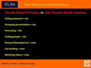 Goal Setting and Goal Achieving
Results Based Activities vs. Non Results Based Activities
Calling prospects = rba
Arranging presentations = rba
Presenting = rba
Visiting people = rba
Personal Development = nrba
List building = nrba
Watching videos = nrba
Robert C. Hinds – Platinum Leader
 