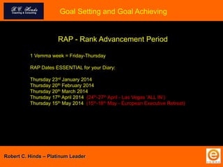 Goal Setting and Goal Achieving
1 Vemma week = Friday-Thursday
RAP Dates ESSENTIAL for your Diary:
Thursday 23rd January 2014
Thursday 20th February 2014
Thursday 20th March 2014
Thursday 17th April 2014 (24th-27th April - Las Vegas ‘ALL IN’)
Thursday 15th May 2014 (15th-18th May - European Executive Retreat)
RAP - Rank Advancement Period
Robert C. Hinds – Platinum Leader
 