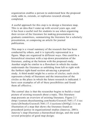 organization enables a person to understand how the proposed
study adds to, extends, or replicates research already
completed.
A useful approach for this step is to design a literature map.
This is an idea that I came up with several years ago, and
it has been a useful tool for students to use when organizing
their review of the literature for making presentations to
graduate committees, summarizing the literature for a scholarly
presentation, or composing an article for journal
publication.
This map is a visual summary of the research that has been
conducted by others, and it is typically represented in a
figure. Maps are organized in different ways. One could be a
hierarchical structure with a top-down presentation of the
literature, ending at the bottom with the proposed study.
Another might be similar to a flowchart in which the reader
understands the literature as unfolding from left to right with
the farthest right-hand section advancing a proposed
study. A third model might be a series of circles; each circle
represents a body of literature and the intersection of the
circles as the place in which the future research is indicated. I
have seen examples of all of these possibilities and found
them all effective.
The central idea is that the researcher begins to build a visual
picture of existing research about a topic. This literature
map presents an overview of existing literature. Figure 2.1
(http://content.thuzelearning.com/books/Creswell.7641.17.1/sec
tions/s26/books/Creswell.7641.17.1/sections/s26#fig2.1) is an
illustration of a map that shows the literature found on
procedural justice in organizational studies (Janovec, 2001).
Janovec’s map illustrates a hierarchical design, and she used
several principles of good map design:
 